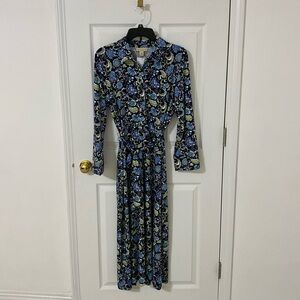 Appleseed’s Navy Jacobean Floral Knit Preppy Shirt Dress